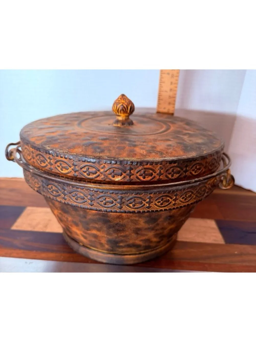 Vintage Asian Tooled Leather & Bamboo Wedding Basket Lidded Keepsake Box with Me